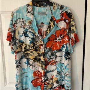 Jams World Aqua Floral Button-Down Shirt with Red and Cream Accents
